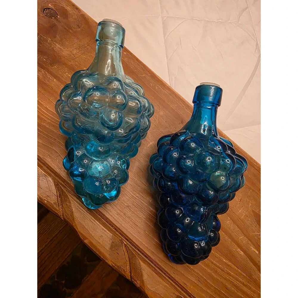 Vintage Blue Glass Grape Cluster Bottles Set of 2 Decanters Aqua Cobalt Stopper - Picture 1 of 9